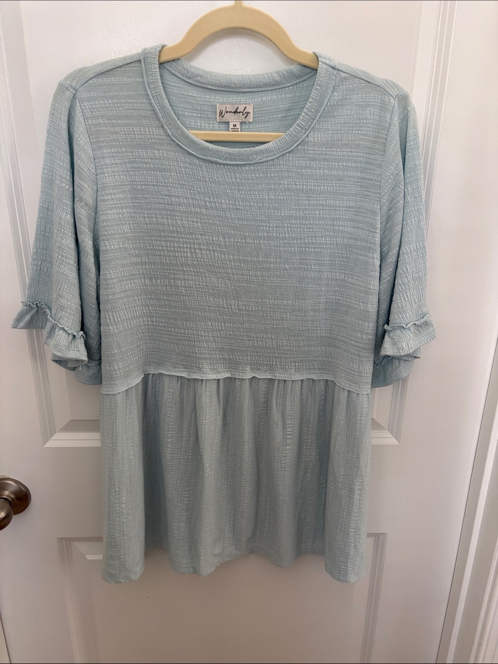 Wonderly Light Blue Textured Ruffle-Sleeve Tunic